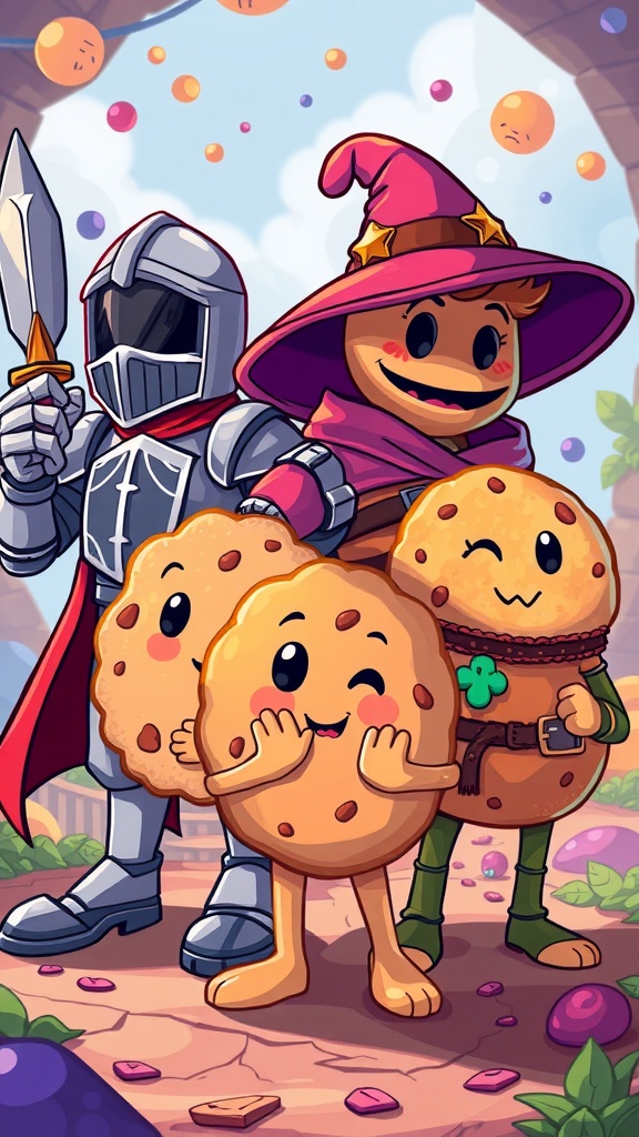 Diverse cookie characters from Cookie Kingdom showcasing their special abilities in a whimsical fantasy landscape.